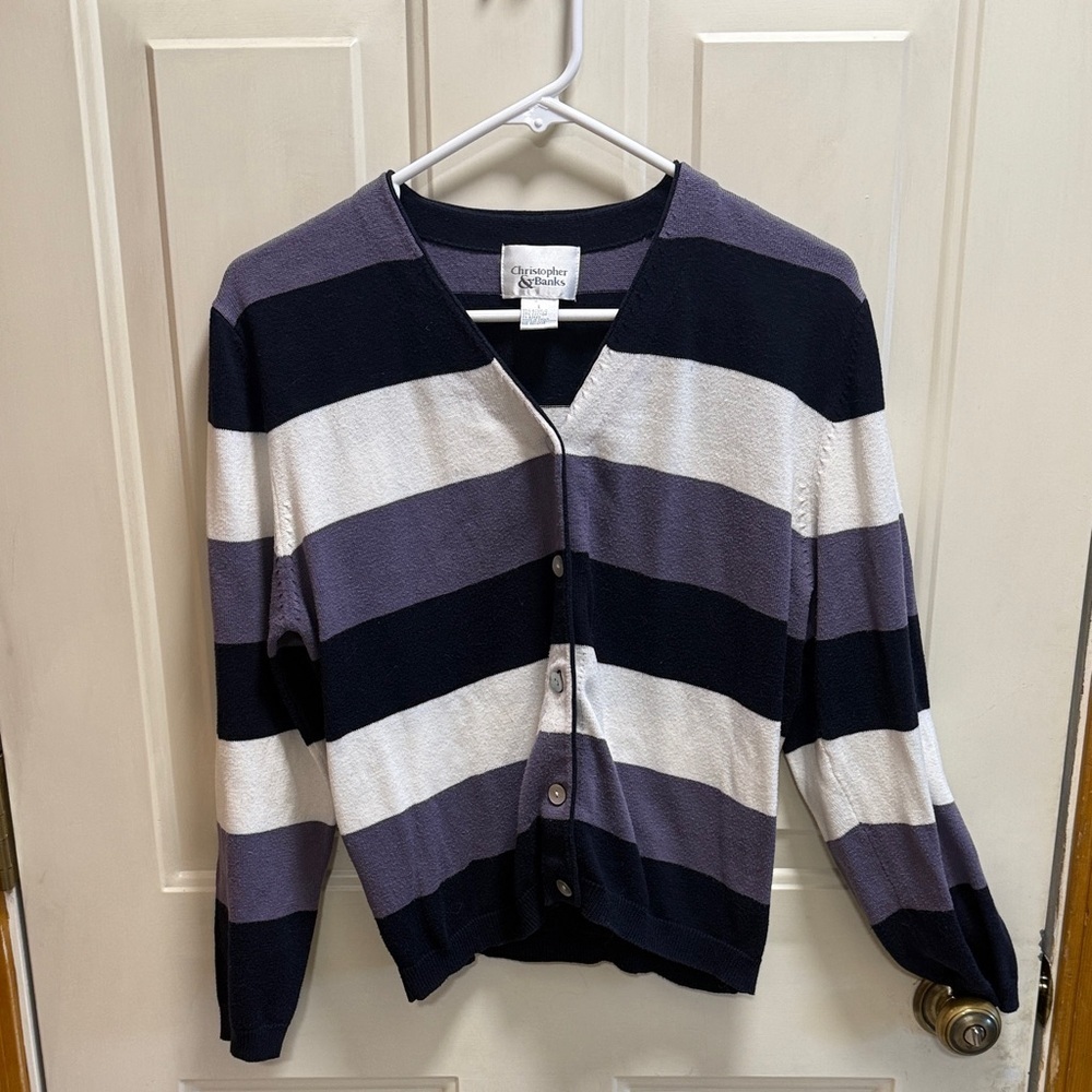 Christopher & Banks Women's Striped Cardigan Sweater Black, Purple, White size L